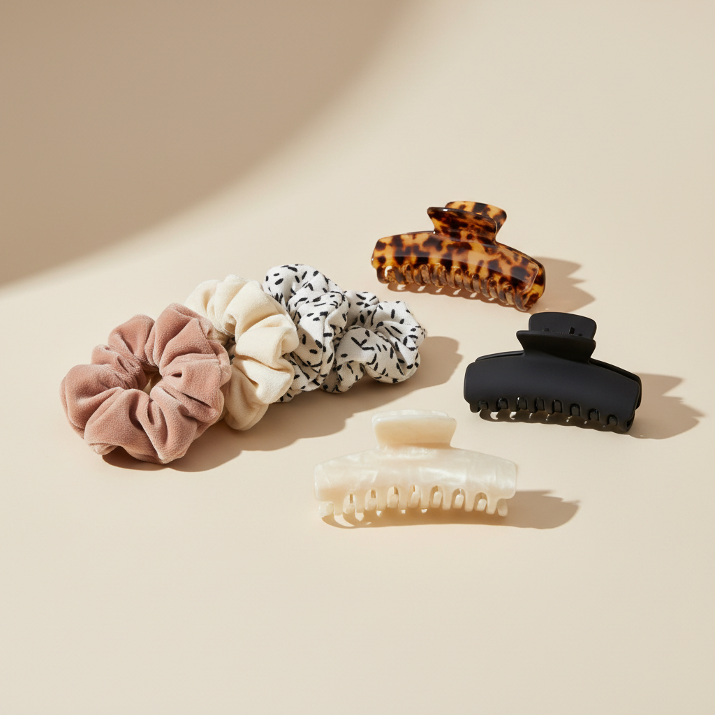 Hair claws and fabric scrunchies; collection reference image