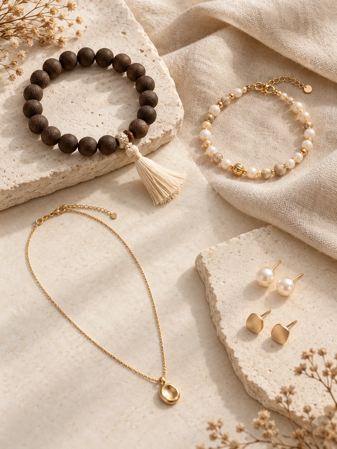 Aromatic beads, bracelet, necklace and stud earrings; illustrative category image