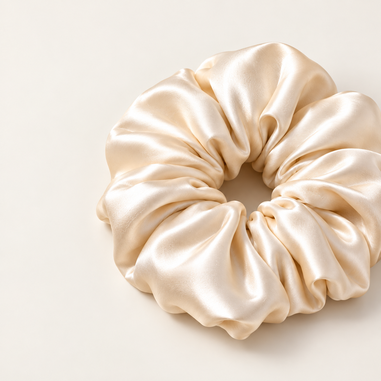 Close detail of ivory silk scrunchie folds