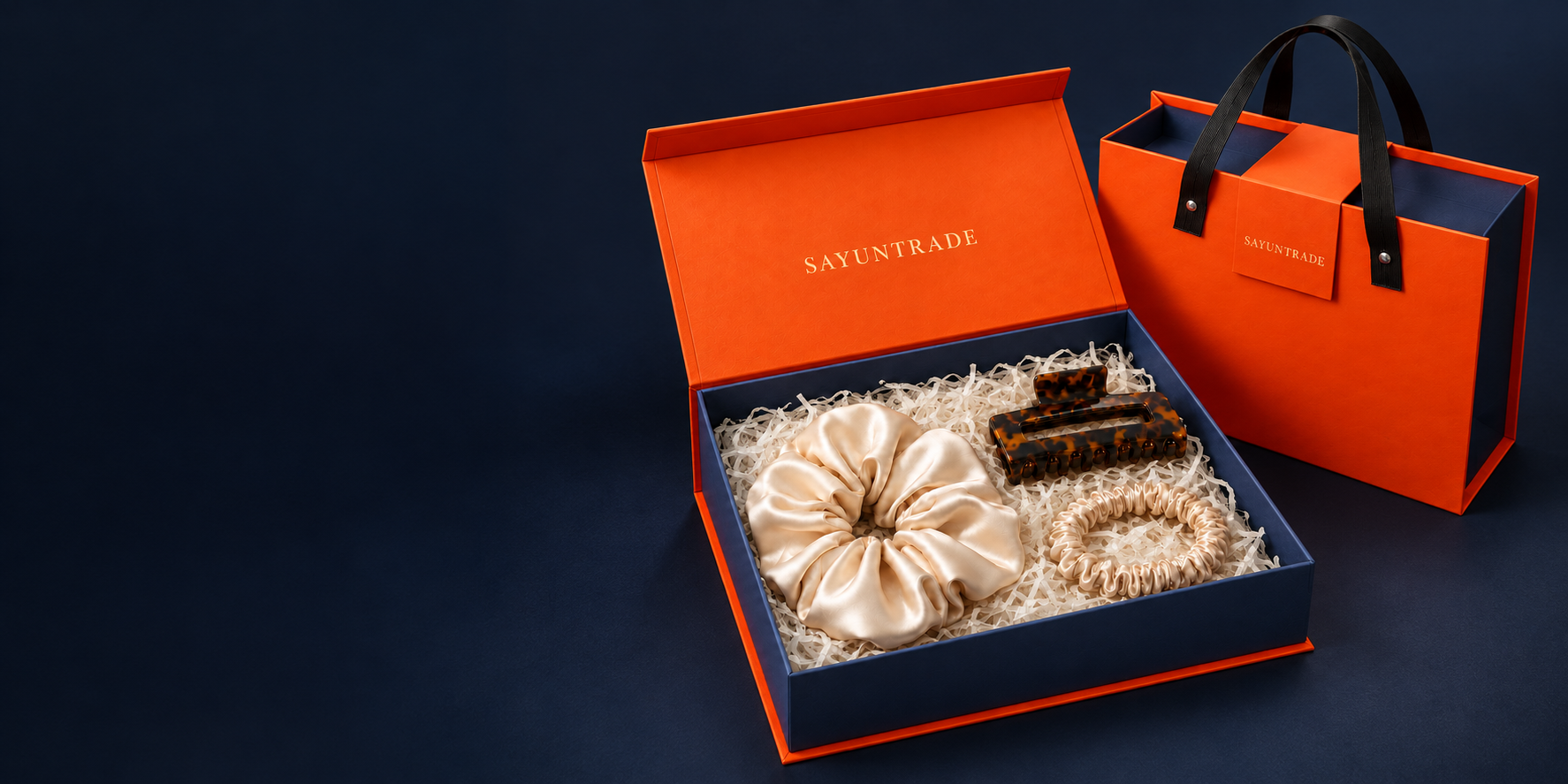 SAYUNTRADE signature gift box with silk scrunchies, acetate claw and matching bag