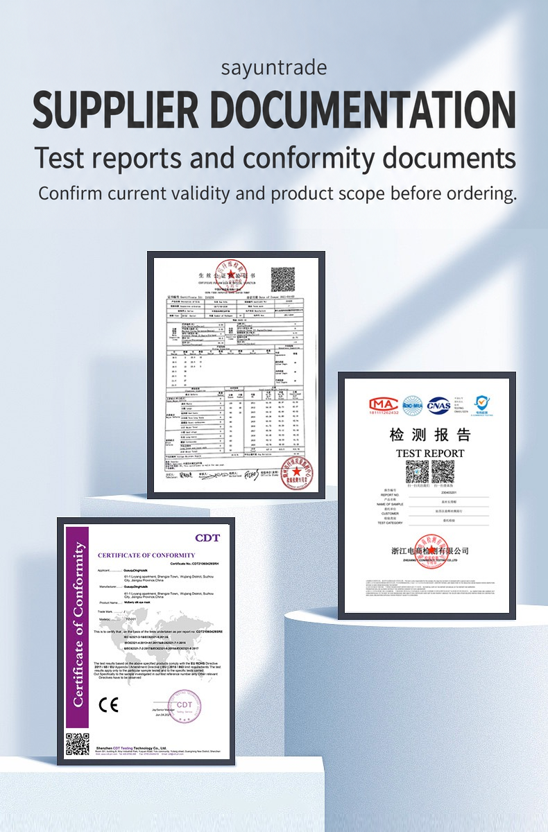 19 Momme Mulberry Silk Sleep Mask Gift Box Original supplier test reports and conformity documents. Current validity and product scope must be confirmed.